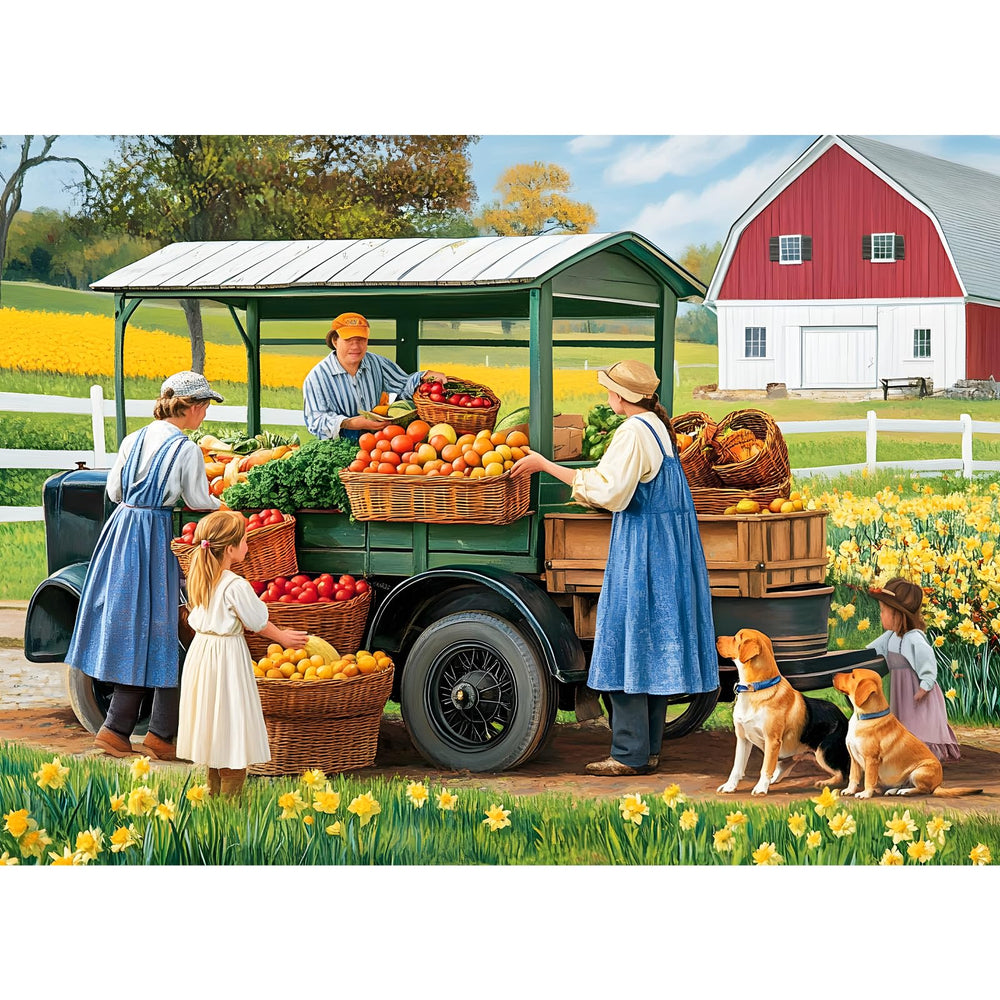 VOLUVOLU pasture-fruit puzzle truck unloading scene promotes calm, engaging family time.