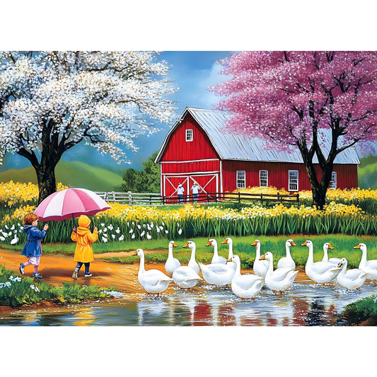 VOLUVOLU Rainy Day Farm Puzzle cover image, inviting cozy family puzzle time