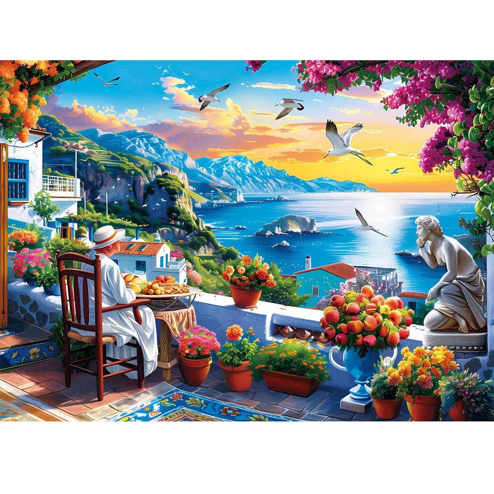 Voluvolu seafront puzzle 500 pieces shown in a sunny seaside setting for relaxed family evenings.