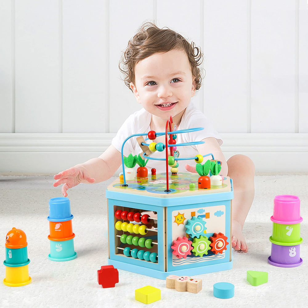 Vomocent wooden activity cube uses BPA-free, child-safe finishes for peace of mind