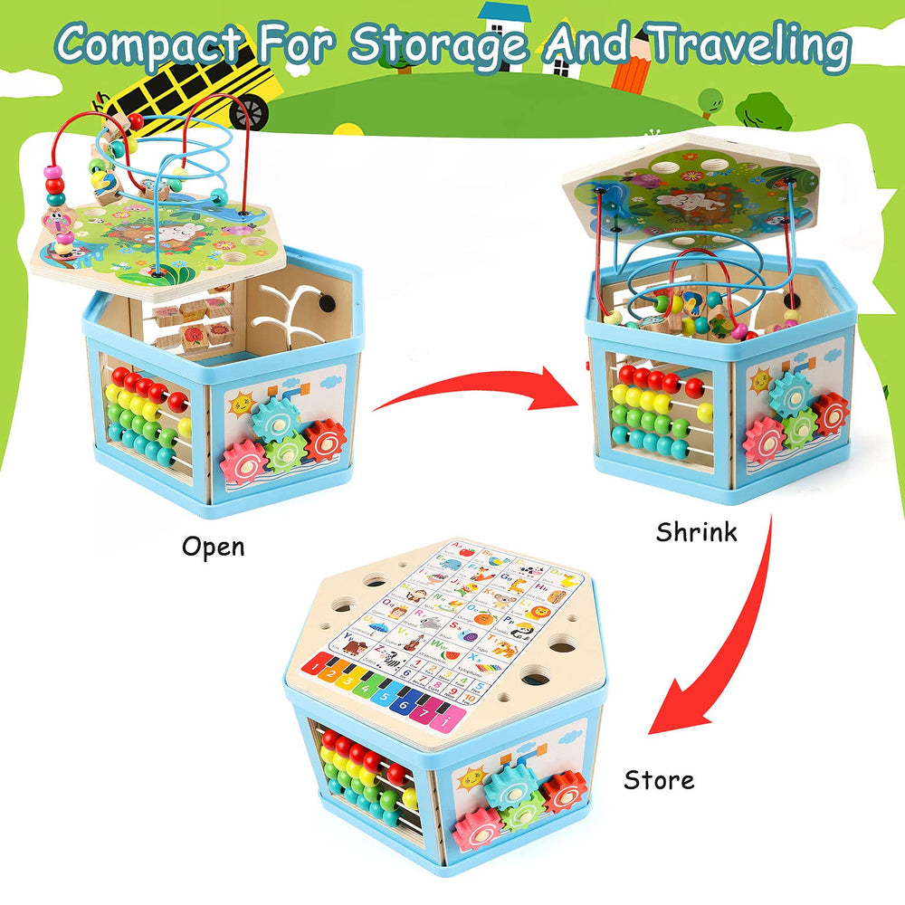 Vomocent wooden activity cube six-sided play surfaces encourage diverse learning