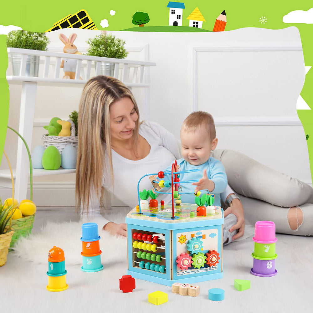 Vomocent wooden activity cube sliding animals promotes fine motor skills