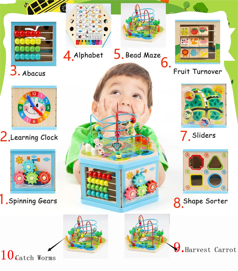 Vomocent wooden activity cube spinning gears demonstrates cause and effect