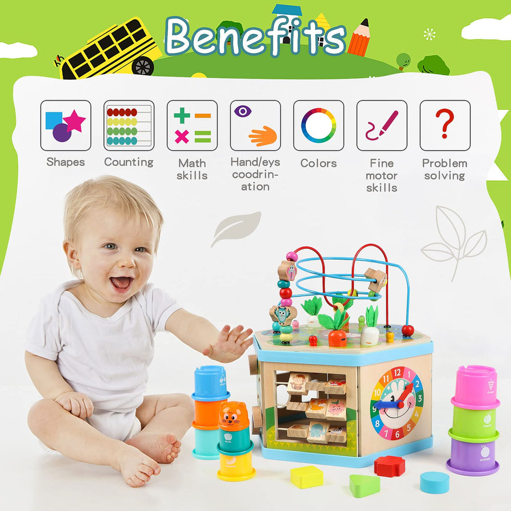 Vomocent wooden activity cube doubles as a small stool for rest breaks