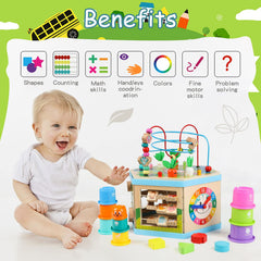 Vomocent wooden activity cube doubles as a small stool for rest breaks