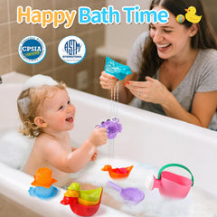 Voohek bath toys featuring stacking cups and a duck design to teach sizes and colors.