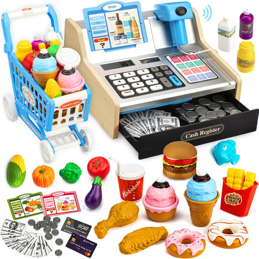VROGTIK wooden cash register with shopping cart promotes imaginative play and early math skills