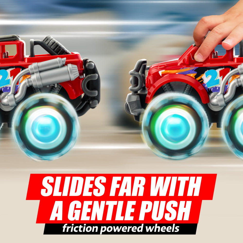 Vroomix friction-powered trucks rolling smoothly across the floor.