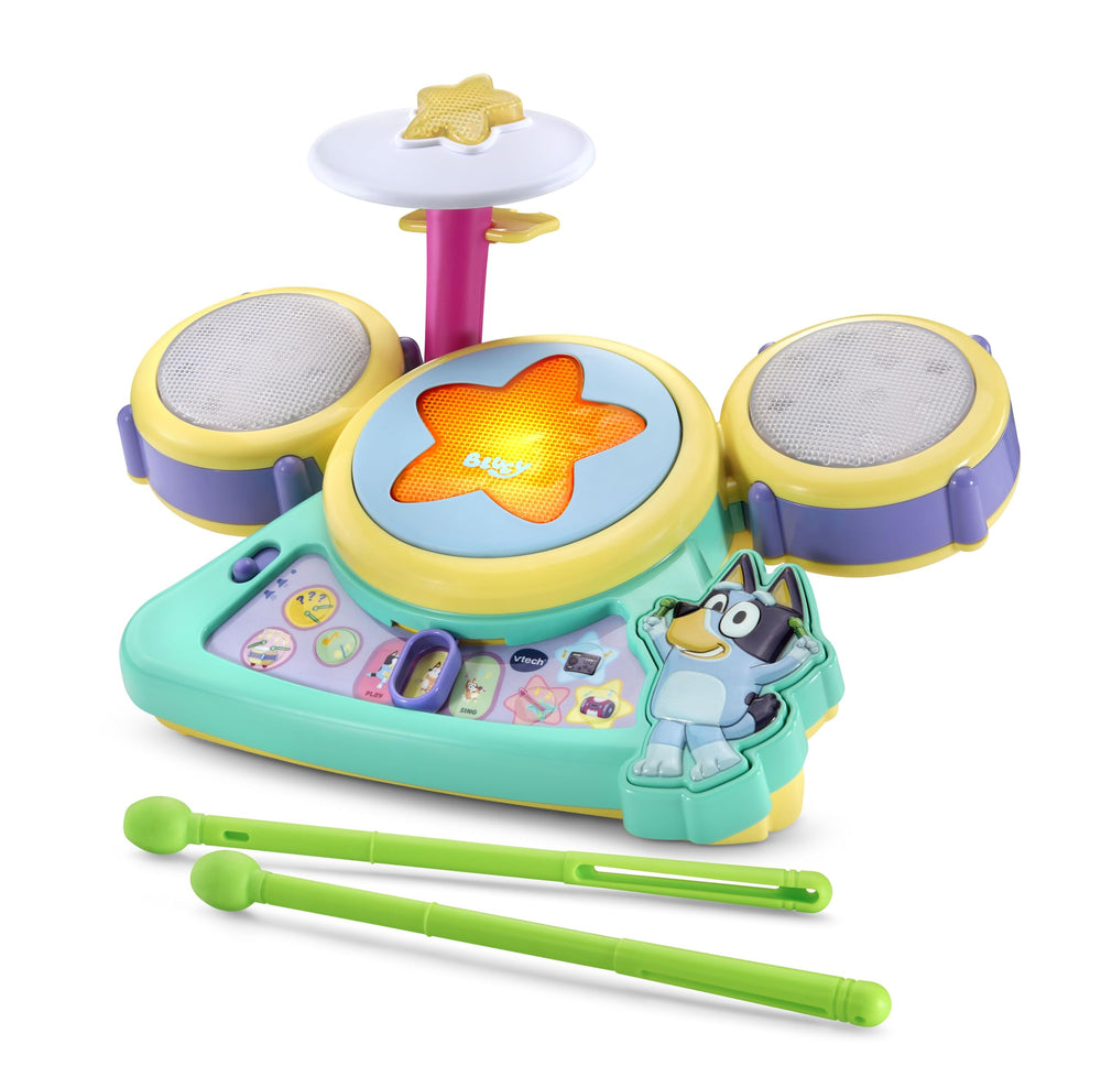 VTech Bluey Hooray Drum Set front view with illuminated pads for responsive play