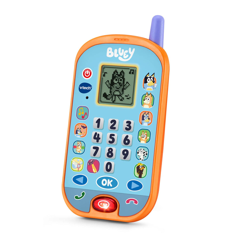 VTech Bluey Ring Ring Phone screen shows animations and play modes