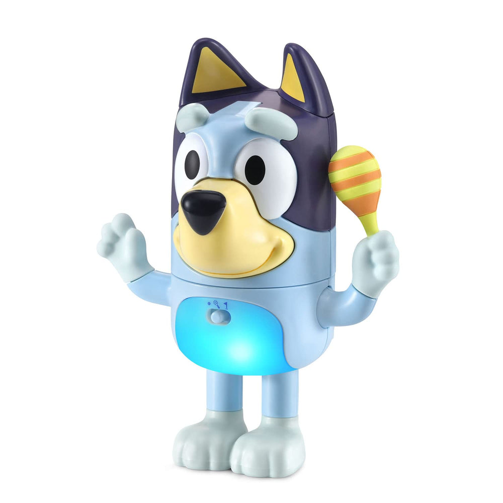 VTech Bluey Shake It Bluey arm-wave prompts playful social interaction and movement.