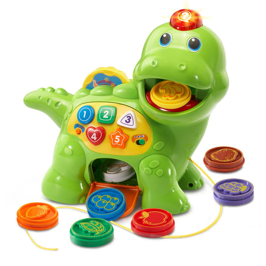 VTech Chomp and Count Dino feeds with mouth motion, encouraging interactive play