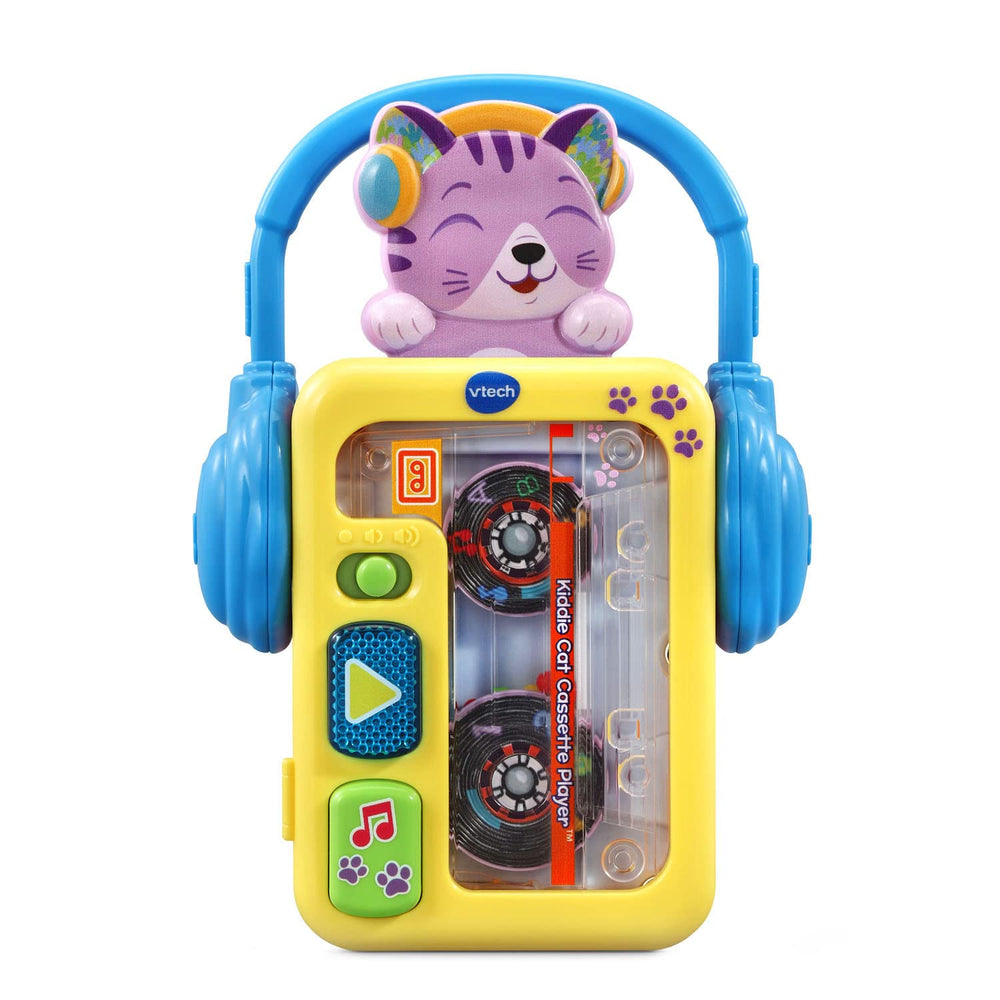 VTech Kiddie Cat Cassette Player wheels spin as toddlers enjoy retro tunes.