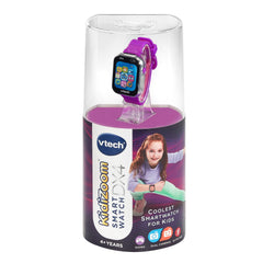 VTech KidiZoom DX4 purple clock faces, 50+ options to practice telling time and have fun.