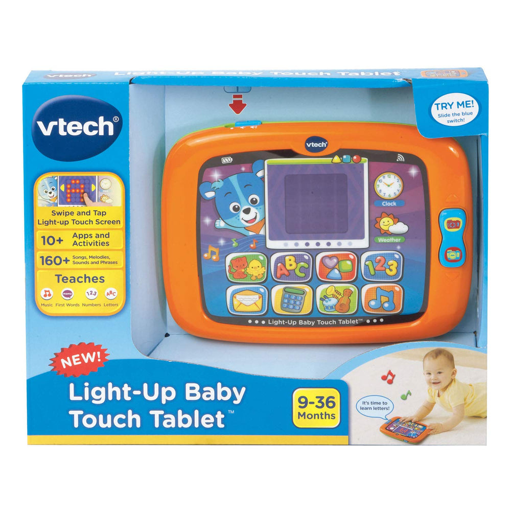 VTech orange baby tablet displaying weather and time apps for pretend use.