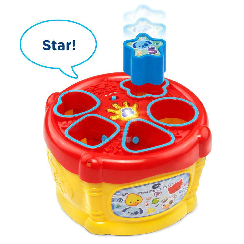 VTech Sort and Discover Drum yellow top view highlighting lights syncing with sounds