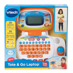 Melodies playback on the orange VTech laptop offers musical exploration.