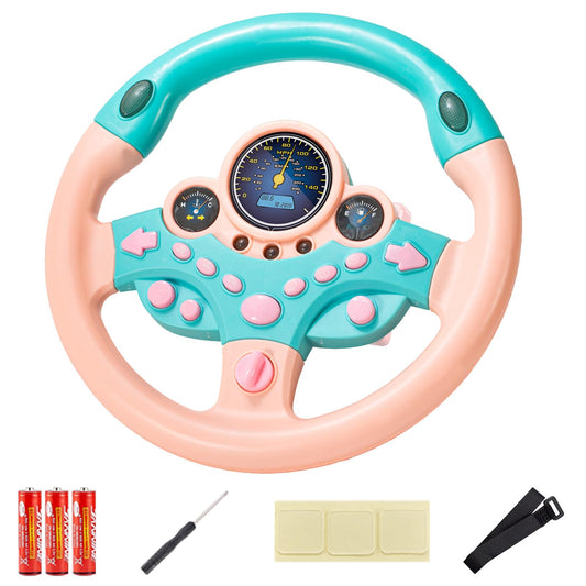 VVistch pink kids steering wheel toy front view with lights for imaginative driving