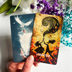 Vzmeiyre Desk reading scene with card art highlights tactile coated stock
