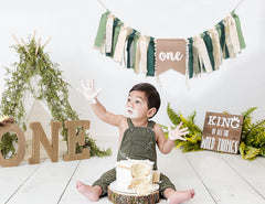 WAUAO Wild One highchair banner draped on chair for photos.
