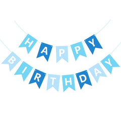 Waenerec blue Happy Birthday Banner letters arranged on a wall for a vibrant party backdrop