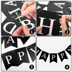Waenerec event decor with classic black flags for a timeless vibe.