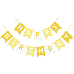Waenerec yellow Happy Birthday banner flag closeup highlights vibrant color for festive decor.