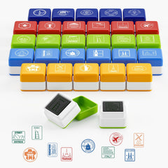 WAHXIAOSW 28-piece passport stamp set in compact box for organized geography activities.
