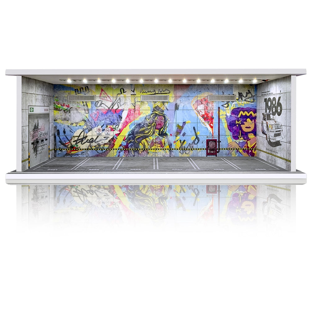 Waivvy 1/64 scale display garage with LED lighting showcases your car collection vividly.