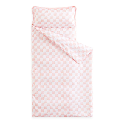 Wake In Cloud nap mat with checkered plaid roll for easy preschool storage