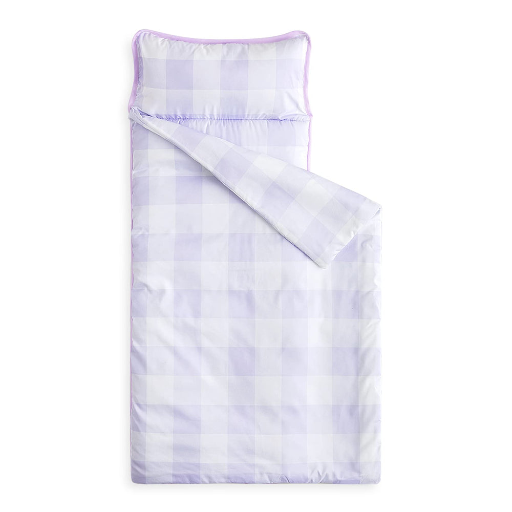 Wake In Cloud nap mat in gingham purple white for easy daycare identification and cozy naps.