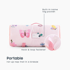 Wake In Cloud roll-up nap mat with strap enables easy transport for daycare.