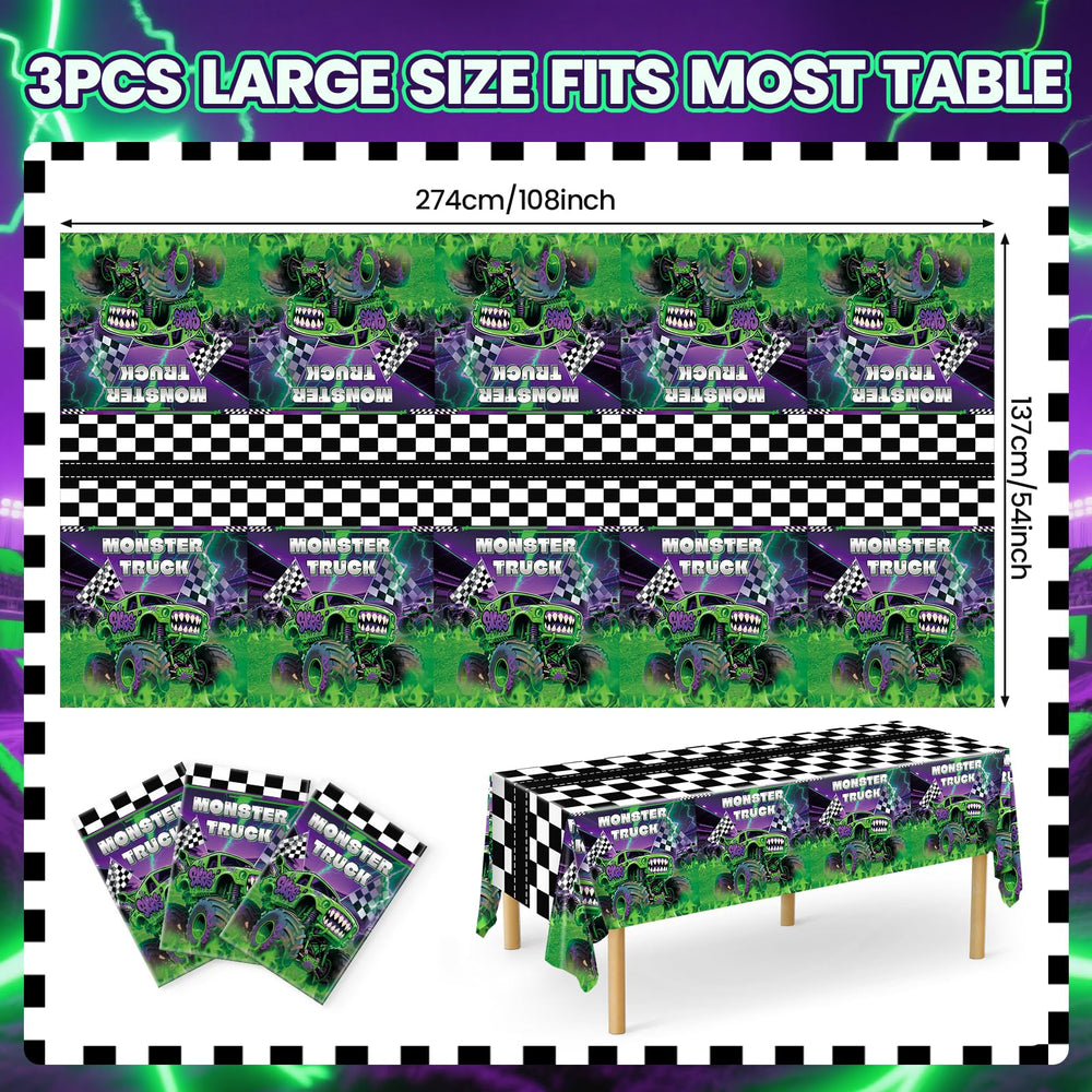 Wakeys purple green glitter monster-truck design adds vibrant party vibes.