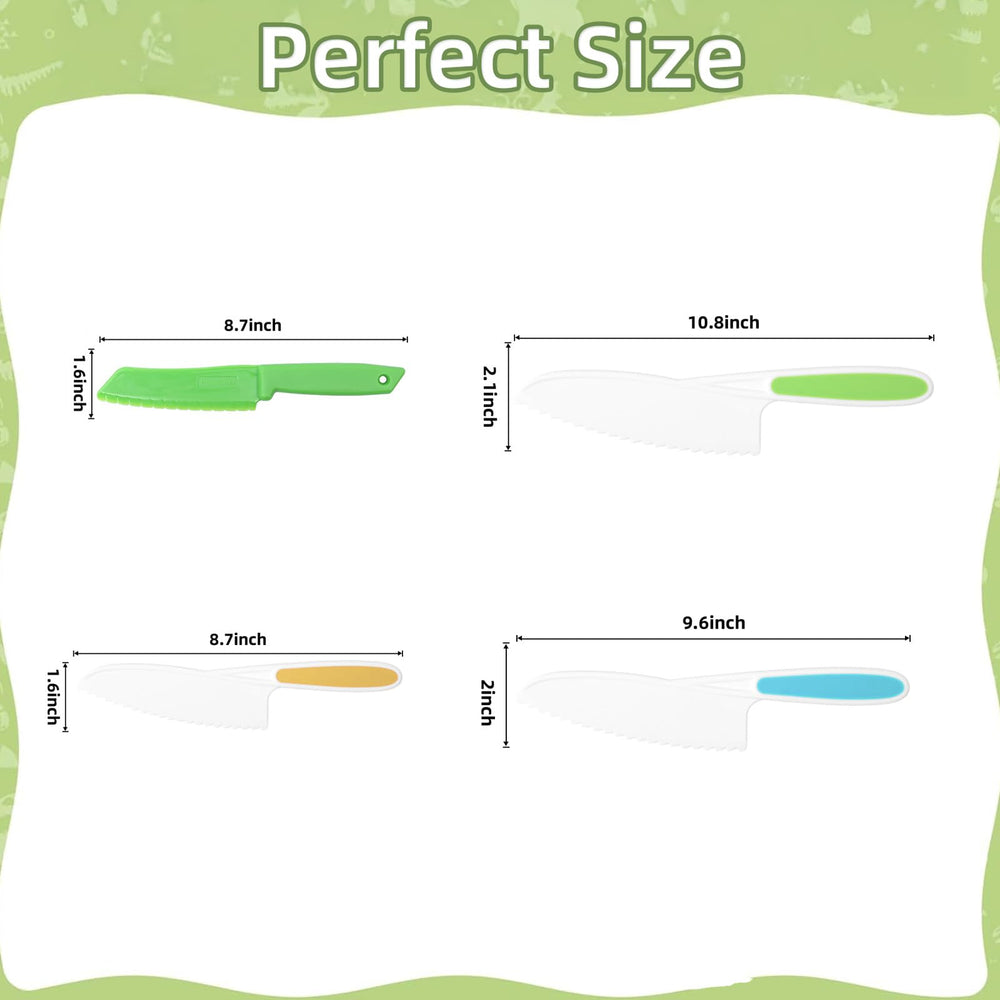 WALAWALA 4PCS Kids Knife Set serrated teeth closeup highlights safe edging for fruit and bread