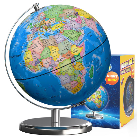 Waldauge illuminated world globe with stand; bright educational details for kids