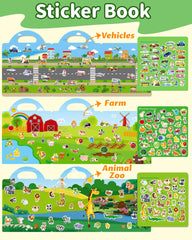 Walenced sticker book with vehicle stickers supports exploratory travel play.