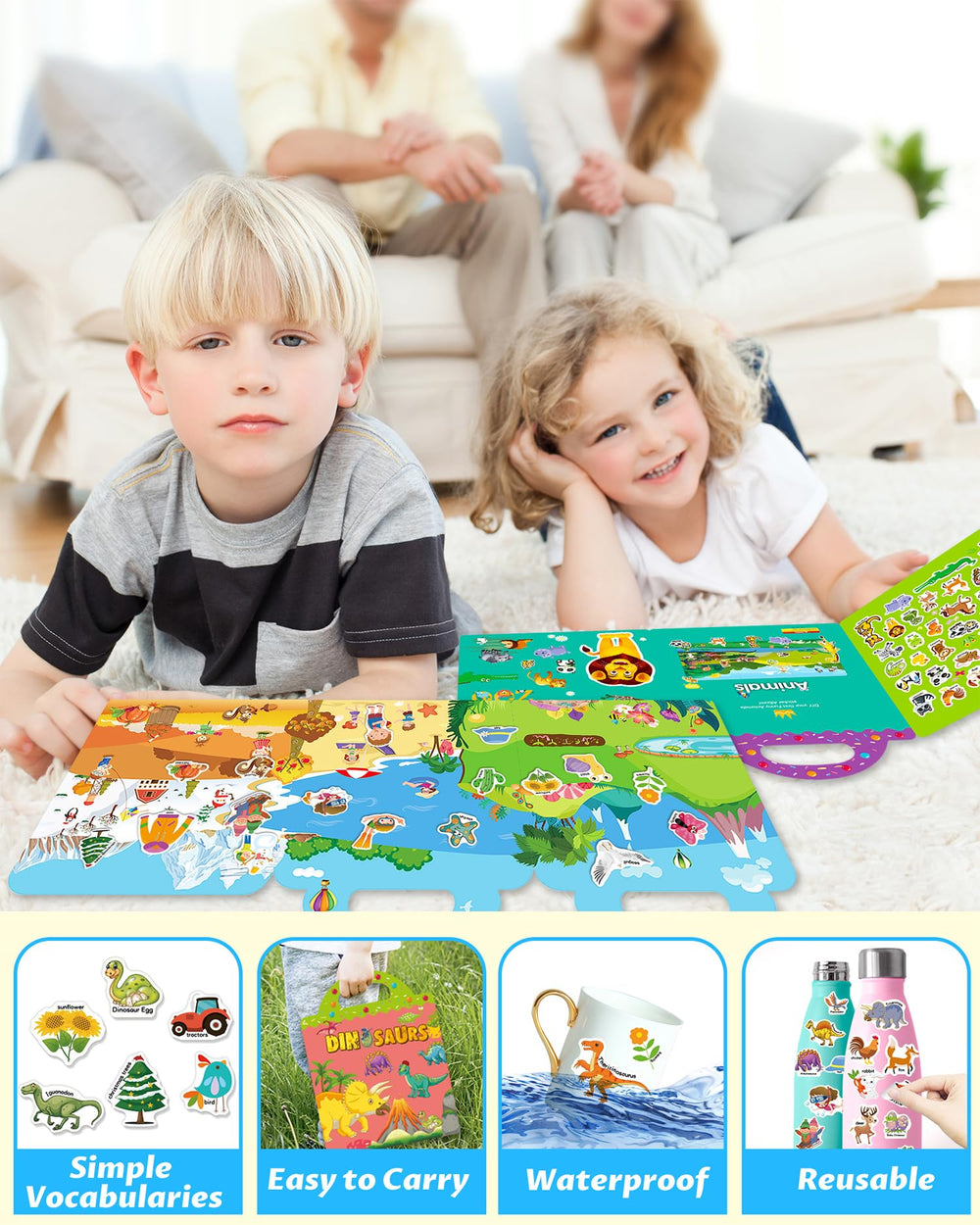 Walenced portable sticker book with handle for travel and on-the-go creativity.