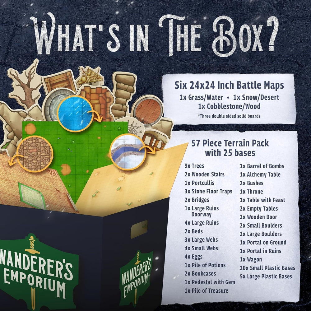 Wanderers Emporium 57-piece terrain pack adds modular scenery.