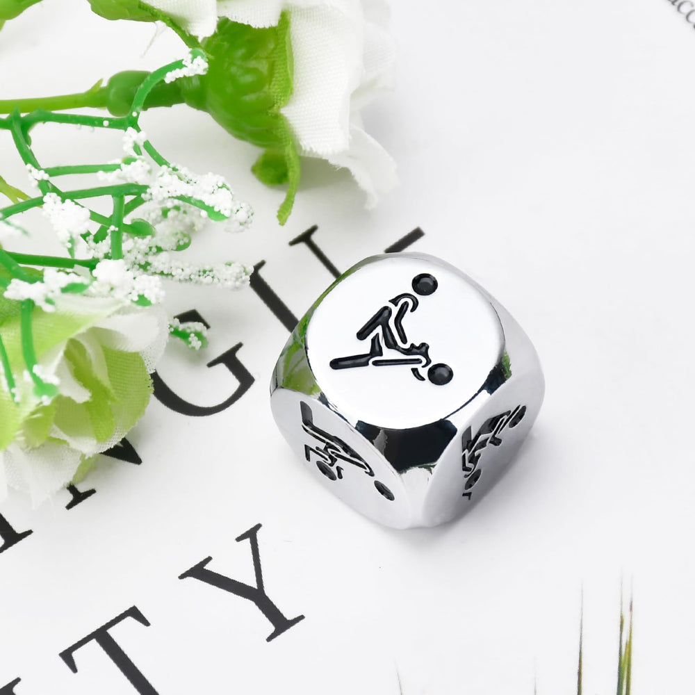 Close-up Wareon stainless steel dice with engraving