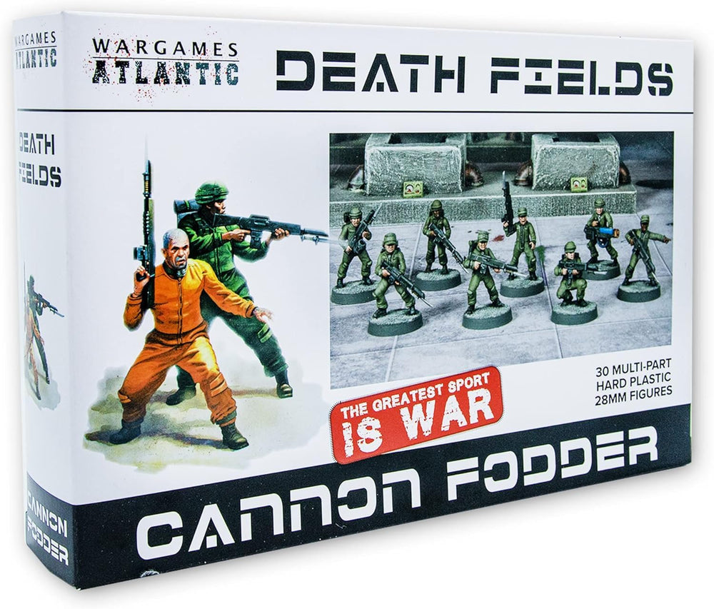 Wargames Atlantic Death Fields Cannon Fodder box art featuring rugged squad for large skirmish battles.