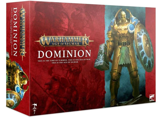 Warhammer Dominion Age of Sigmar box cover shows two armies ready for battle.