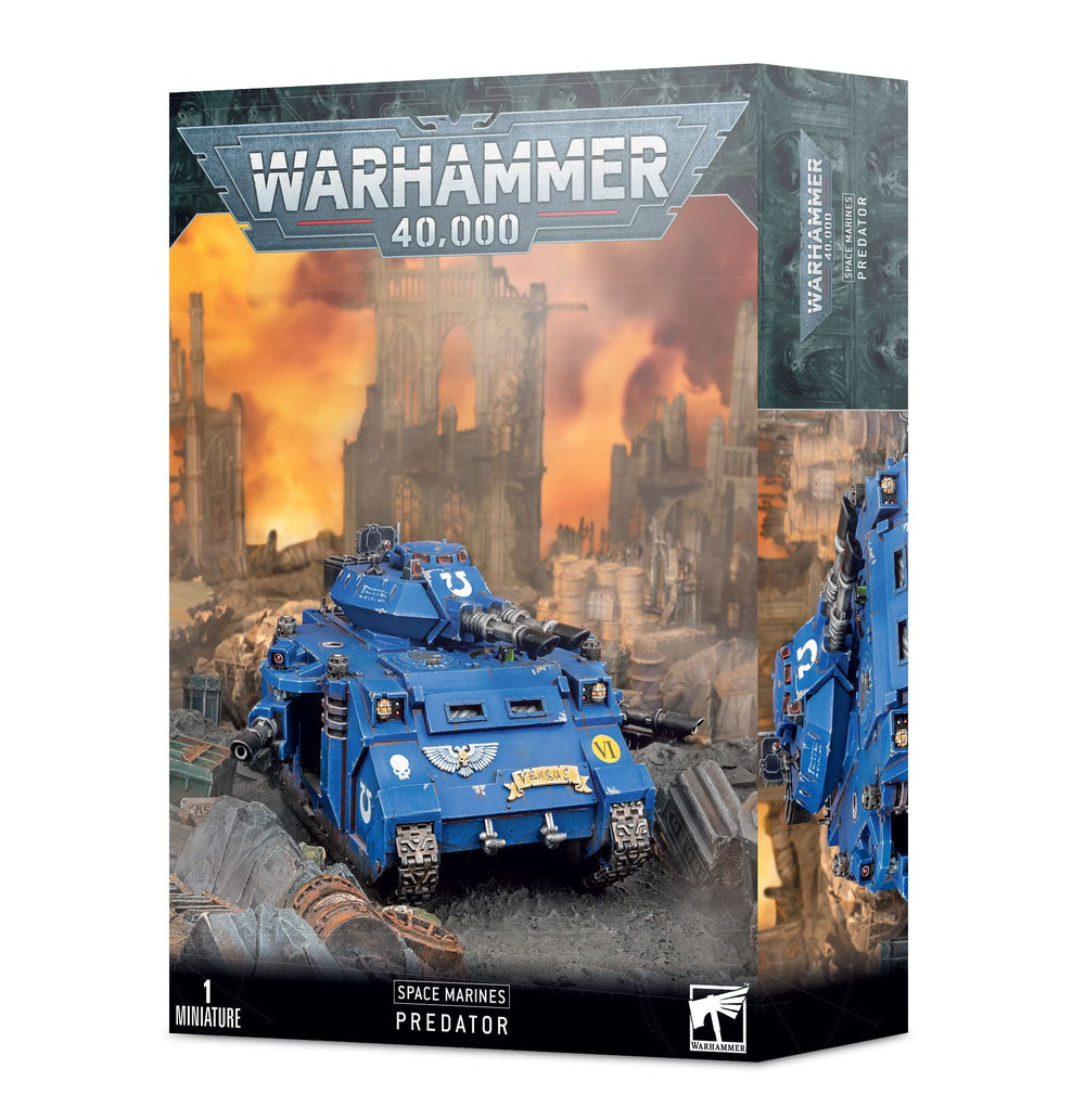 Warhammer 40,000 Space Marines Predator with turret lascannon ready for tabletop battles.