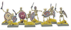Warlord Games skeleton soldiers with shields and decals for fantasy wargaming setups.