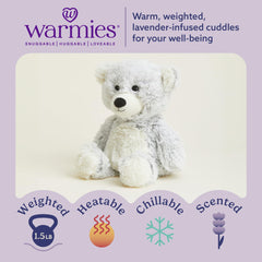 Warmies gray bear close-up shows lavender scent for a cozy atmosphere.