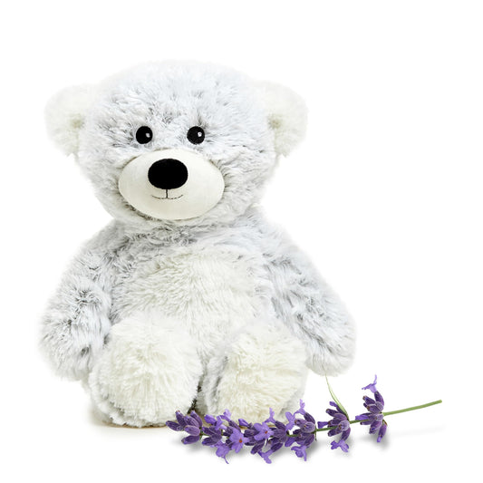 Warmies gray bear front view, microwavable plush for comforting warmth.
