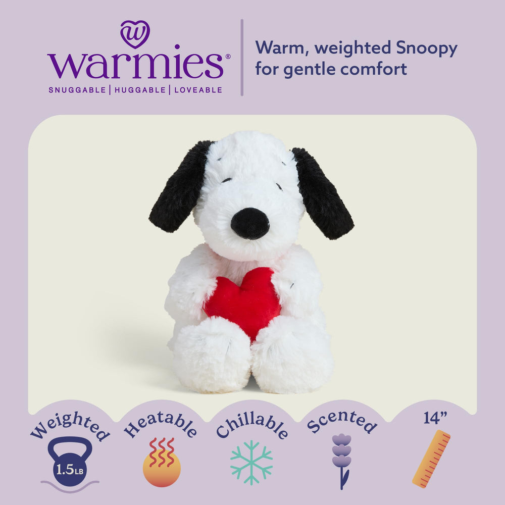 Warmies Red Heart Snoopy plush in use with cozy warmth and soft hug.