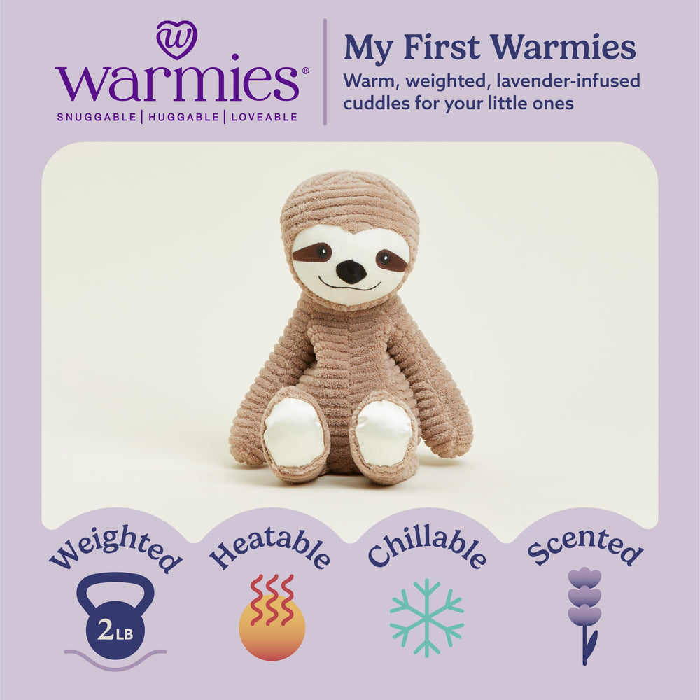 Warmies Sloth fabric with silky satin details for gentle tactile feel