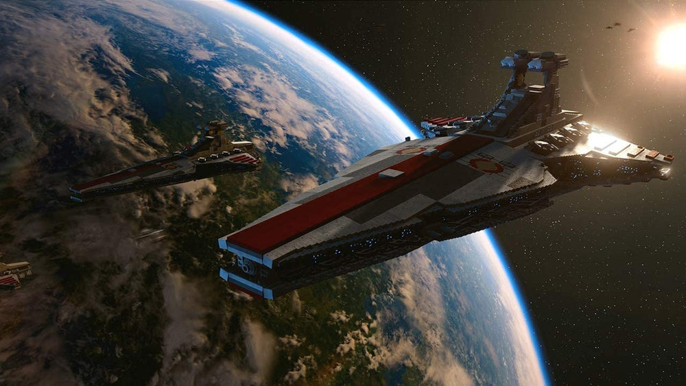 Warner Bros LEGO Star Wars Skywalker Saga spaceship control for dynamic battles.