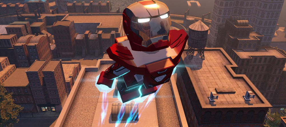 Warner Bros Lego Marvel's Avengers PS4 gameplay action shot showcasing dynamic combat for co-op play.