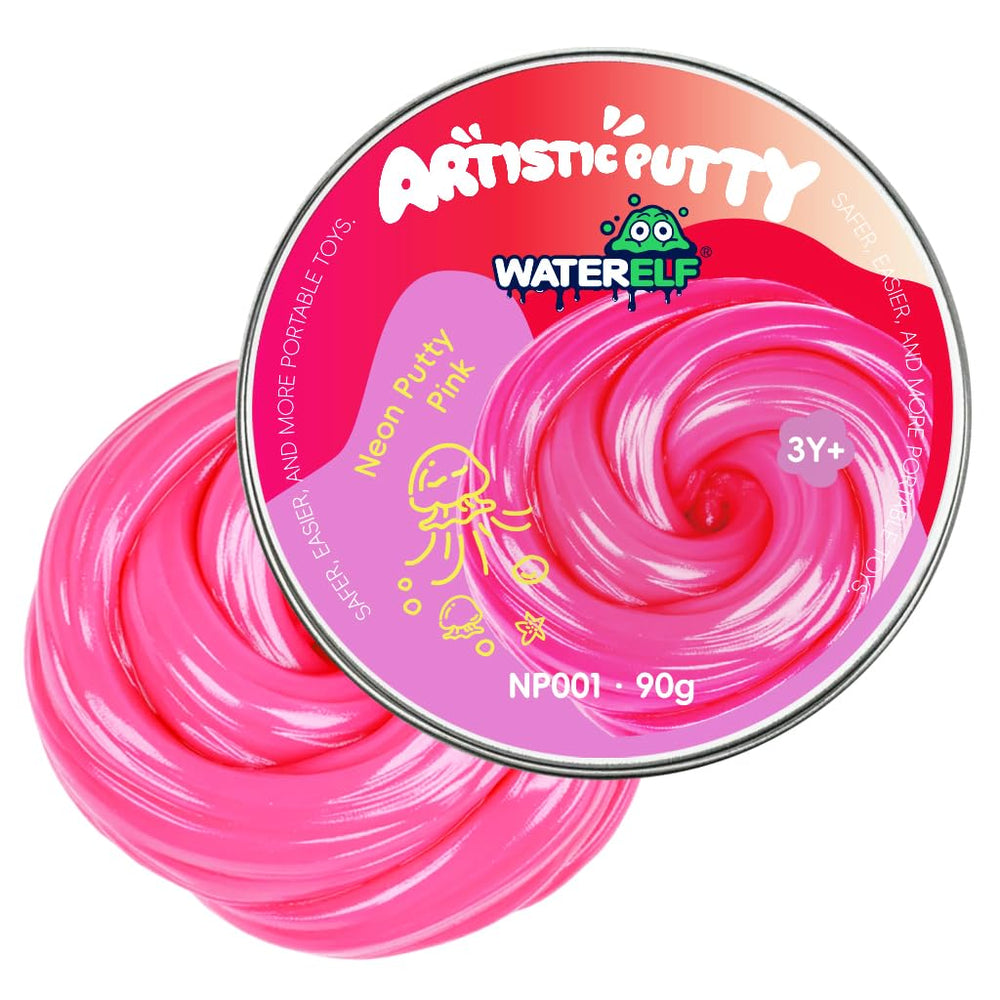 WaterELF Play Putty Pink Tin front view, non-sticky and mess-free sensory toy.